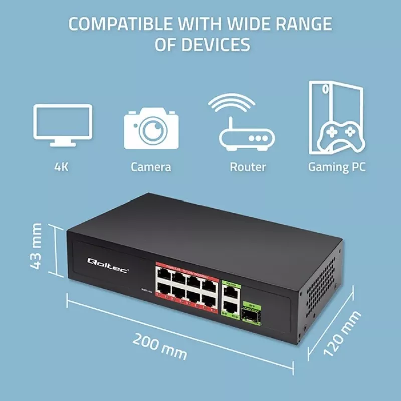 Ethernet switch QOLTEC 52297 PoE RJ45 s PoE uplink a SFP portom