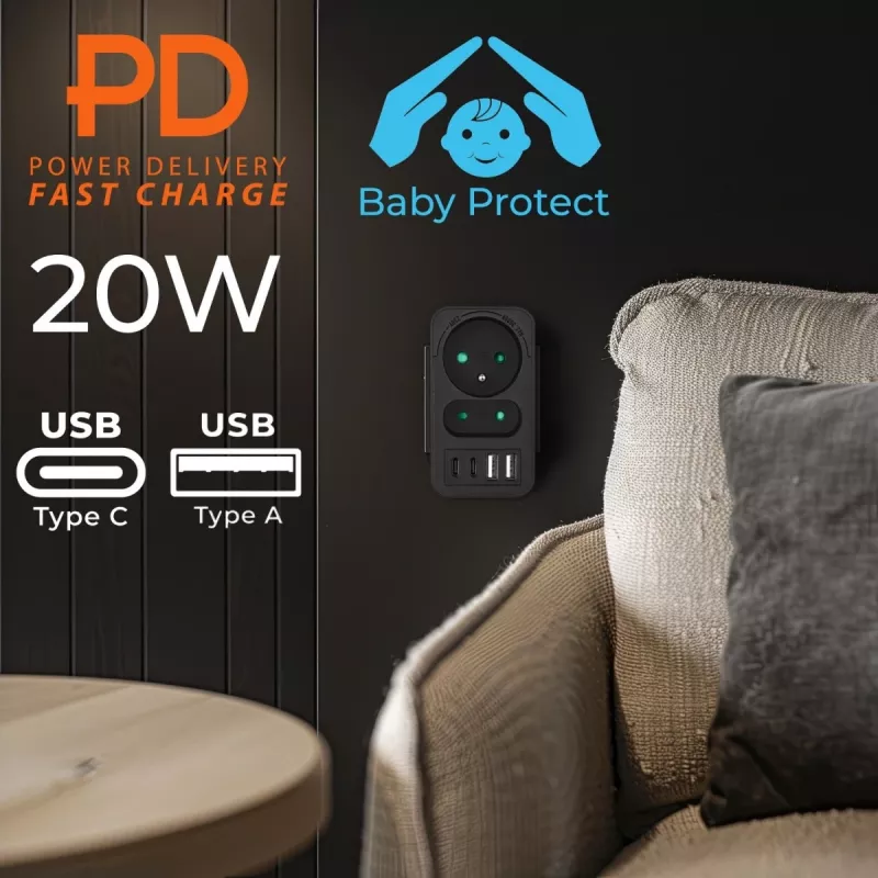 Rozbočovač napájania MACLEAN MCE249 F/B – 2 AC zásuvky (16A + 6A) s 2×USB-A a 2×USB-C PD 20W, EU konektor, čierny