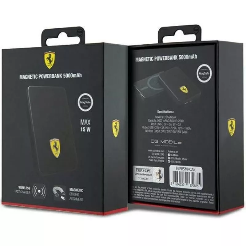 Ferrari powerbanka FEPB5MNCAK 15W 5000mAh čierna/čierna Metal Logo MagSafe