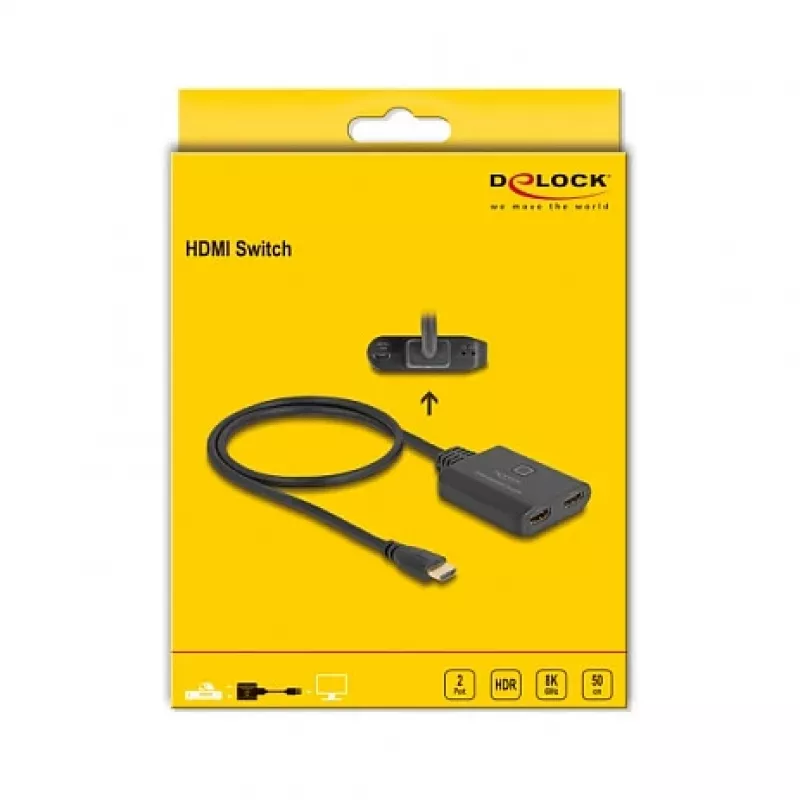 DeLOCK HDMI switch 2 x HDMI in na 1 x HDMI out 8K 60 Hz integrovaný kábel 50 cm