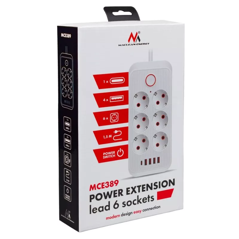 Predlžovacia zásuvka MACLEAN MCE389 B — 6 zásuviek, 4×USB-A + 1×USB-C, 110–240V, 2,1A, 2500W, 1,5 m kábel, čierna