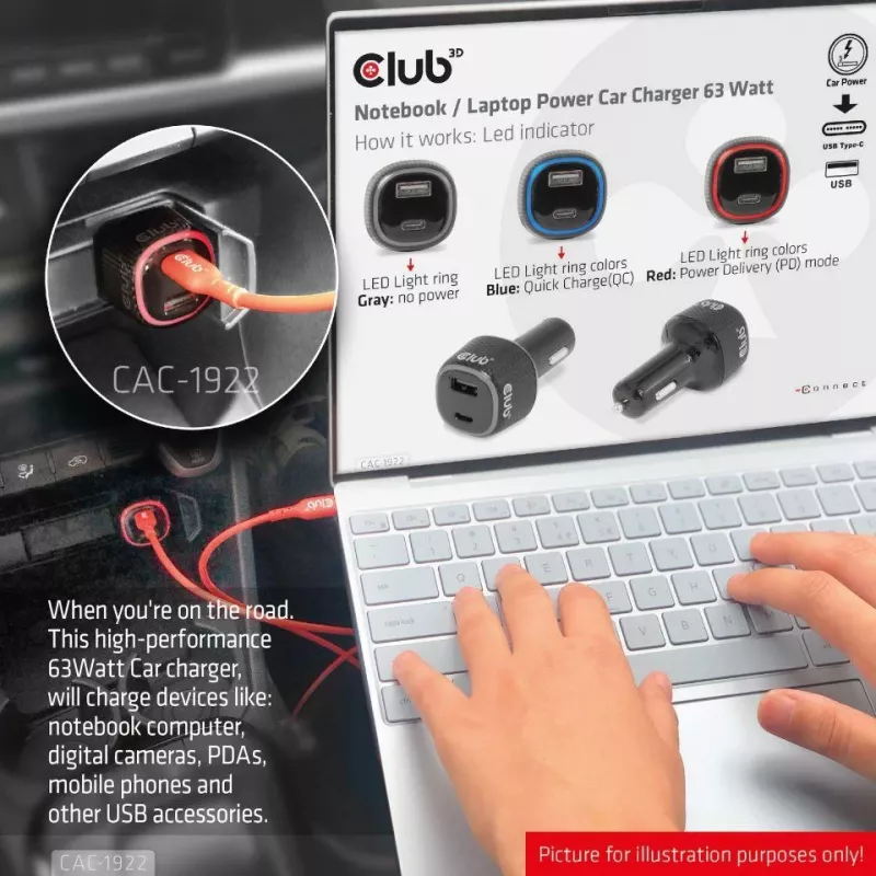 CLUB3D auto nabíjačka pre notebook/laptop 63 Watt, auto, zapaľovač, 24 V, čierna