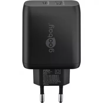USB-C duálna rýchlonabíjačka, PD, GaN, 65 wattov (čierna, 1x USB-C, 1x USB-A, Power Delivery)