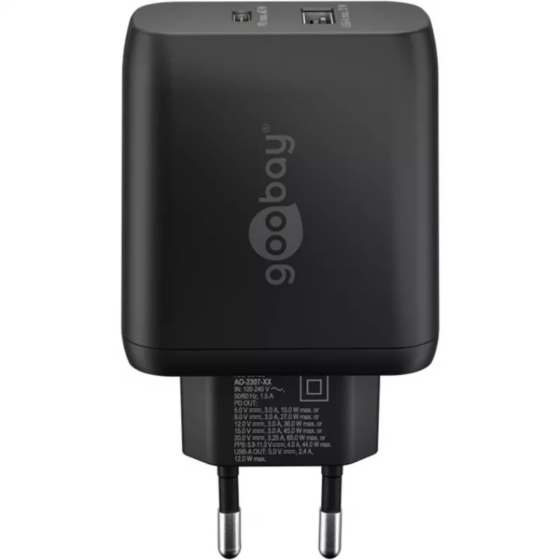 USB-C duálna rýchlonabíjačka, PD, GaN, 65 wattov (čierna, 1x USB-C, 1x USB-A, Power Delivery)