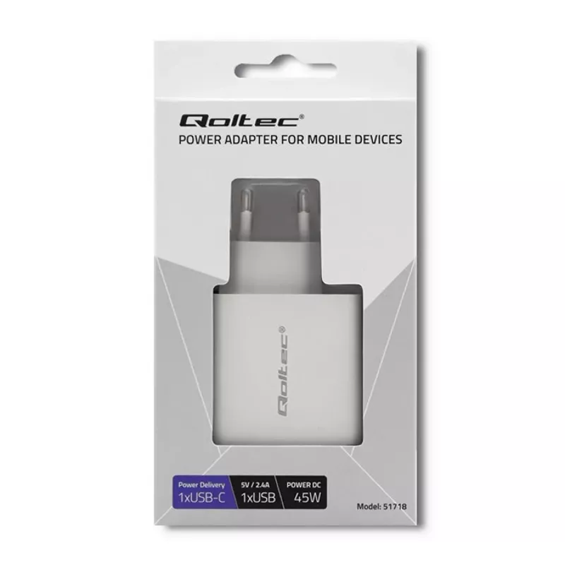 Qoltec 51718 nabíjačka | 45W | 5-20V | 2,4-3A | USB Type-C PD | USB | biela