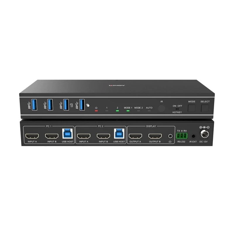 Lindy 2 port Dual Head HDMI 4K60, USB 3.0 KVM prepínač, 4096 x 2160 pixelov, 4K Ultra HD, čierna