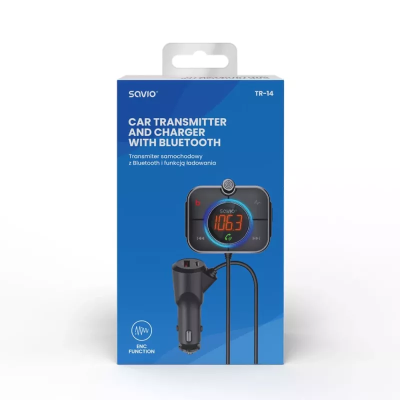FM vysielač SAVIO TR-14 Bluetooth USB, FM 87,6–107,9 MHz, MicroSD, USB-C, 12 V napájanie z auta