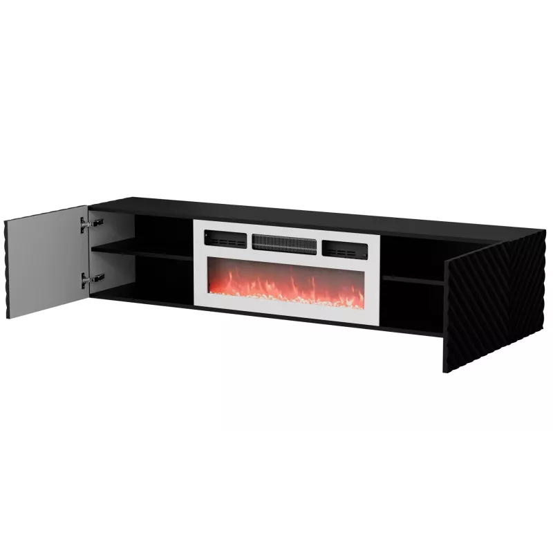 Cama TV skrinka LARA 183x35x37 čierna matná + krb biela