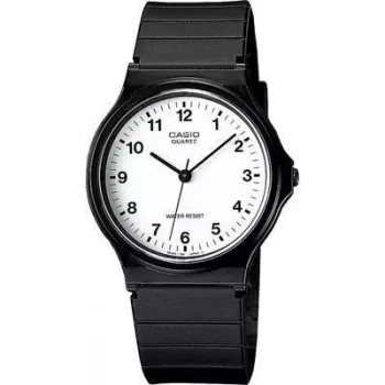 analógové hodinky CASIO MQ-24-7BLLGF — quartzový strojček, čierne puzdro a remienok z živice, vodotesné