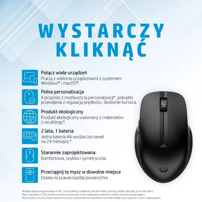 HP 435 Multi-Device Bezdrôtová myš, obojručná, RF Wireless + Bluetooth, 4000 DPI, čierna