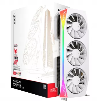 Grafická karta XFX Radeon RX 9070 XT — 16 GB GDDR6, 256-bit, PCIe x16, 3 ventilátory, biela, 360 mm