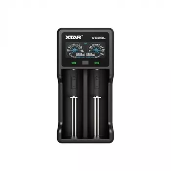 Nabíjačka batérií XTAR VC2SL — USB 5V 1A, LCD, nabíja 2 články, kompatibilná Li-Ion/NiMH/NiCd, veľkosti A/AA/AAA/AAAA/C/D/SC, čierna