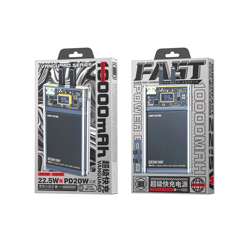 Powerbanka WEKOME WK-WP-323 série Vanguard, 10000 mAh, vstavaný kábel USB-C a Lightning, PD 20 W + QC 22,5 W