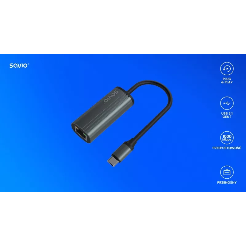 SAVIO adaptér USB-C 3.1 Gen.1 (M) na RJ-45 Gigabit Ethernet (F), 1000 Mbps, AK-56, sivý