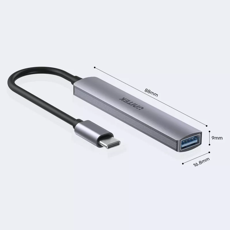 USB-C hub Unitek H1208B — 1x USB-A 5 Gbit/s, 3x USB-A 2.0, USB-C host, hliníkové puzdro, 0,20 m kábel