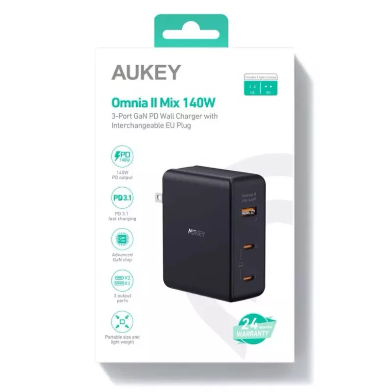 Nástenná nabíjačka Aukey PA-B7O, 3×USB, GaN technológia