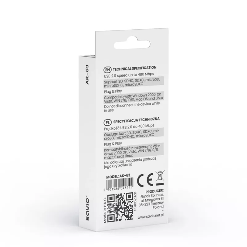 Čítačka SD kariet, USB 2.0, 480 Mbit/s, AK-63 Savio SAVAK-63