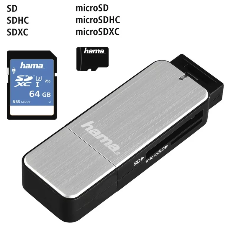 Hama 123900 čítačka kariet USB 3.0 SD/microSD, hliník, čierna/strieborná