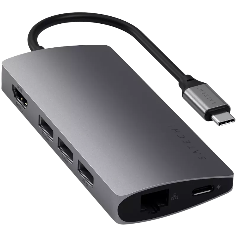 Satechi hliníkový adaptér V2 USB-C (USB-C, 3x USB-A, 4K HDMI, čítačka kariet micro/SD, Ethernet) (Starlight Grey)