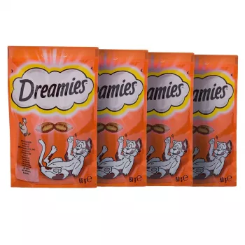 Maškrty pre mačky Dreamies Cheese, Chicken, Salmon sortiment 12×60 g — mäsové pevné pochúťky, proteín 31 %, tuk 21 %