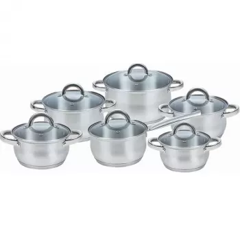 Sada hrncov Maestro MR-2120-12 — 12-dielna kolekcia z nehrdzavejúcej ocele s nepriľnavou úpravou, vhodná na indukciu, obsahuje 6 hrncov (16–24 cm) a sklenené pokrievky