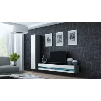 TV stojan Cama Meble VIGO NEW 30/140/40 — 1400×400×300 mm, sivý vrchná doska, drevotrieska, sivý rám, biele vysokolesklé predné dvere