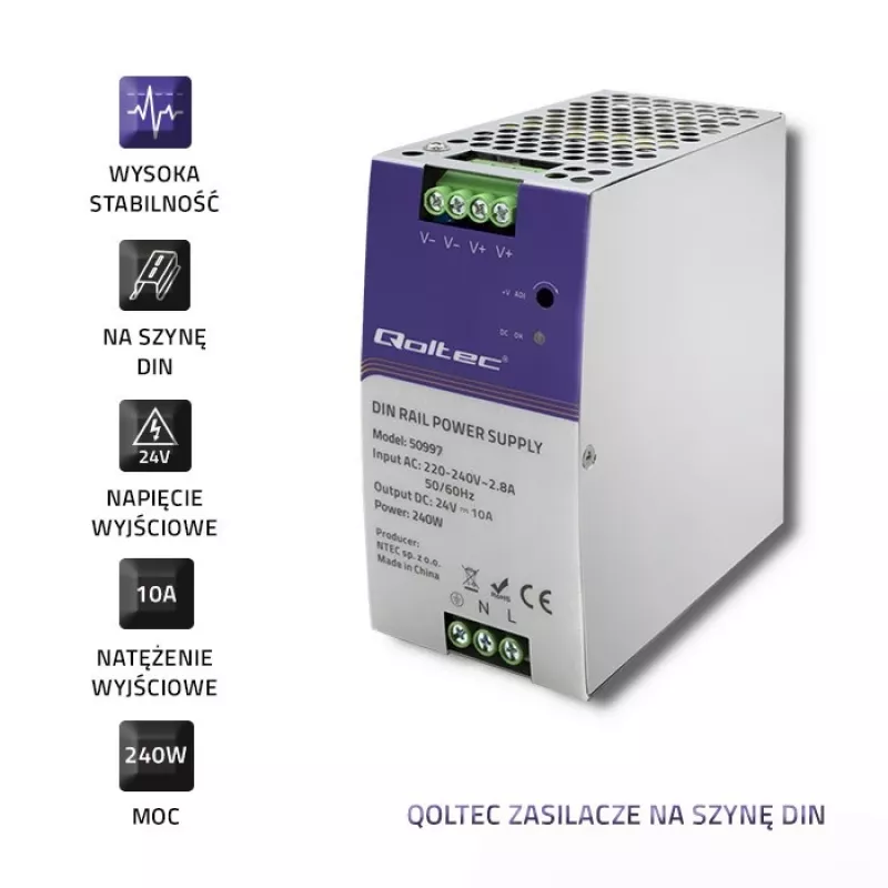 Napájací zdroj na DIN lištu QOLTEC 50997 240W 24V 10A