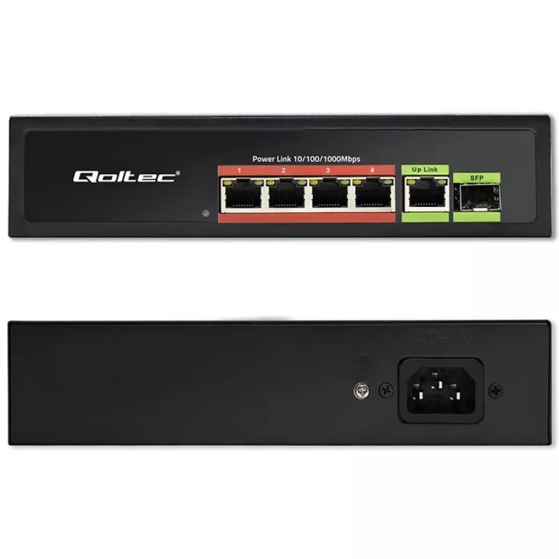 Ethernet PoE switch QOLTEC 52296 — 4x RJ45 PoE porty, 1x RJ45 uplink