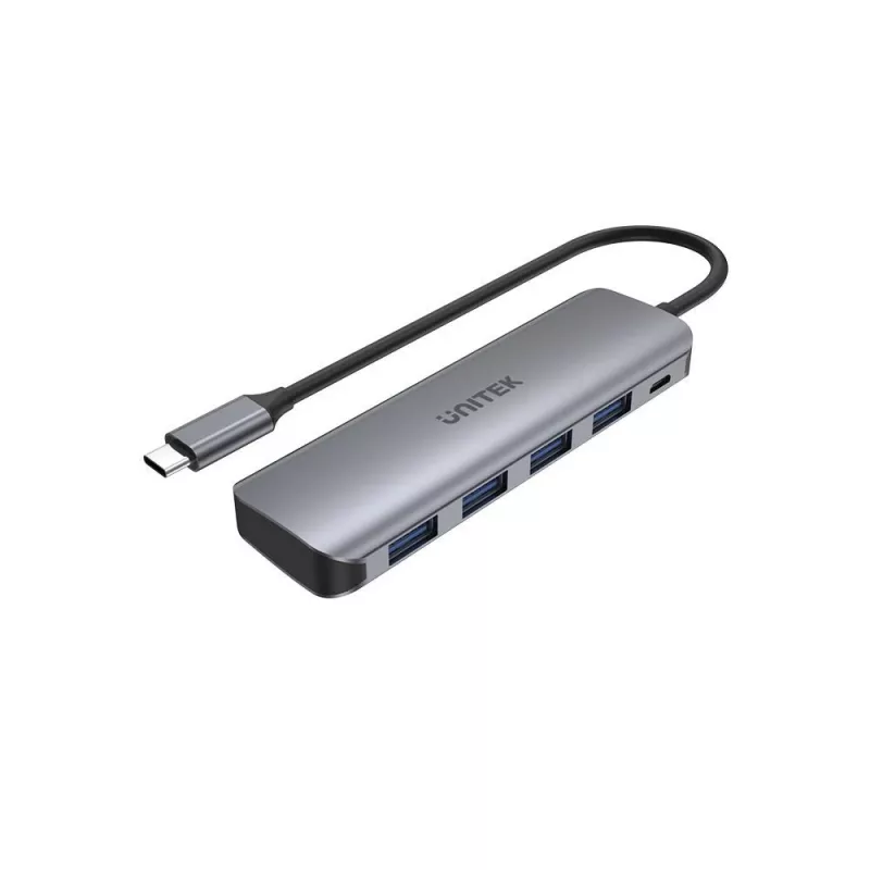 USB hub Unitek P5+ — 5 portov (4 × USB 3.2 Gen 2 Type-A), USB 3.2 Gen 1 host, 5 Gbit/s, 10 W PD, hliník, sivý