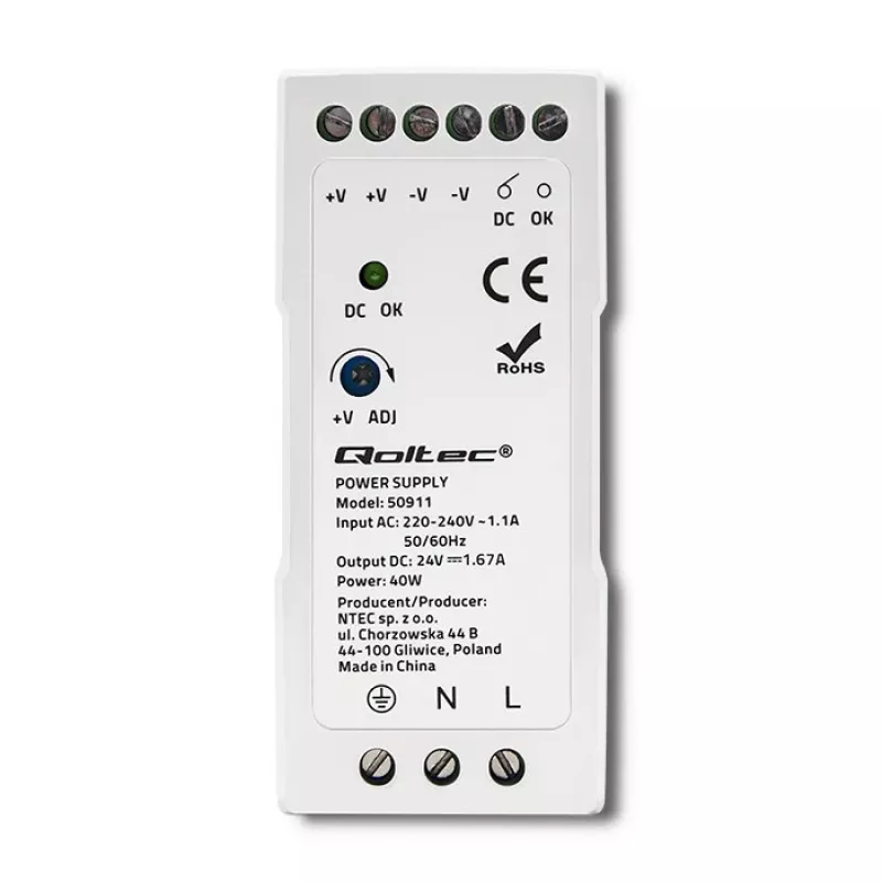 Qoltec Din Rail napájací zdroj | 40W | 24V | 1.67A | biely | štíhly