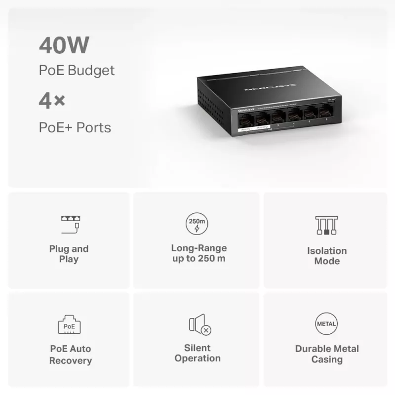 Mercusys 6-portový 10/100Mbps desktop switch s 4-port PoE+