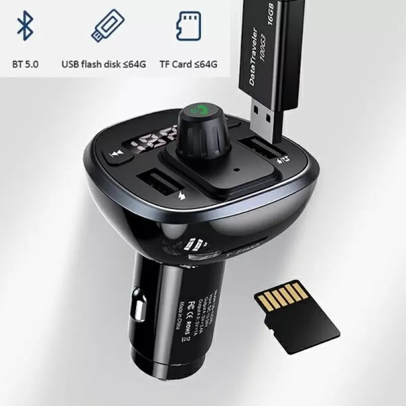 USAMS US-CC115 C21 FM vysielač do auta s duálnou USB nabíjačkou, Bluetooth 5.0, 3,4 A, čierny