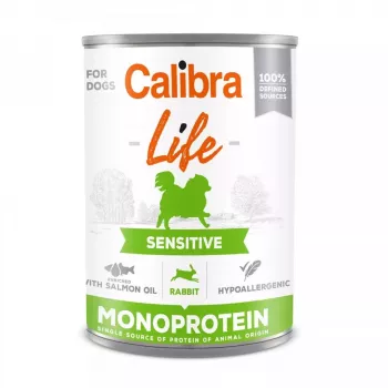 Mokré krmivo pre psov Calibra Sensitive králik 400 g — plnohodnotné mokré krmivo pre dospelých psov s citlivým trávením, bezlepkové, konzerva