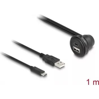 DeLOCK USB 2.0 kábel, USB Type-A konektor samec a USB Type-C konektor samec na USB Type-A konektor samica 90° zahnutý a USB Type-C konektor samica 90° zahnutý, 1 m, čierna