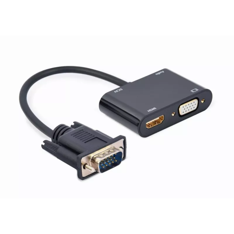 Videokábel adaptér GEMBIRD A-VGA-HDMI-02 0,15 m — HDMI + VGA (D-Sub) konektor samica na VGA (D-Sub) konektor samec, čierny