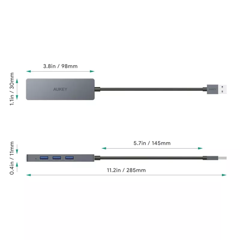 USB hub Aukey CB-H36 — 4-port USB 3.2 Gen 1 Type-A, host USB 2.0, 5000 Mbit/s, hliník strieborný
