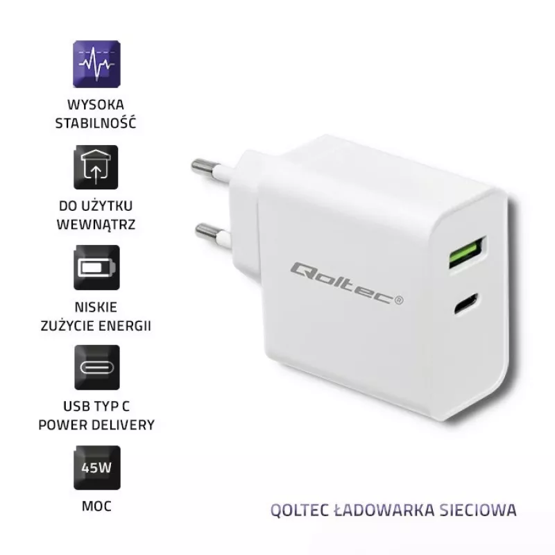 Qoltec 51718 nabíjačka | 45W | 5-20V | 2,4-3A | USB Type-C PD | USB | biela
