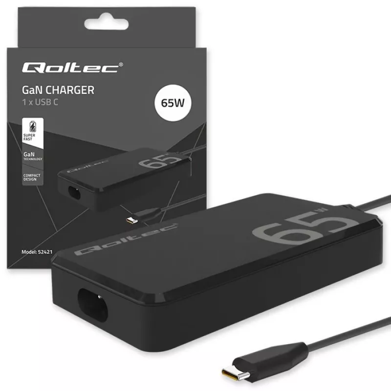 QOLTEC nabíjačka 65W GaN Super Fast štíhla PD 5-20V 3,25A USB-C