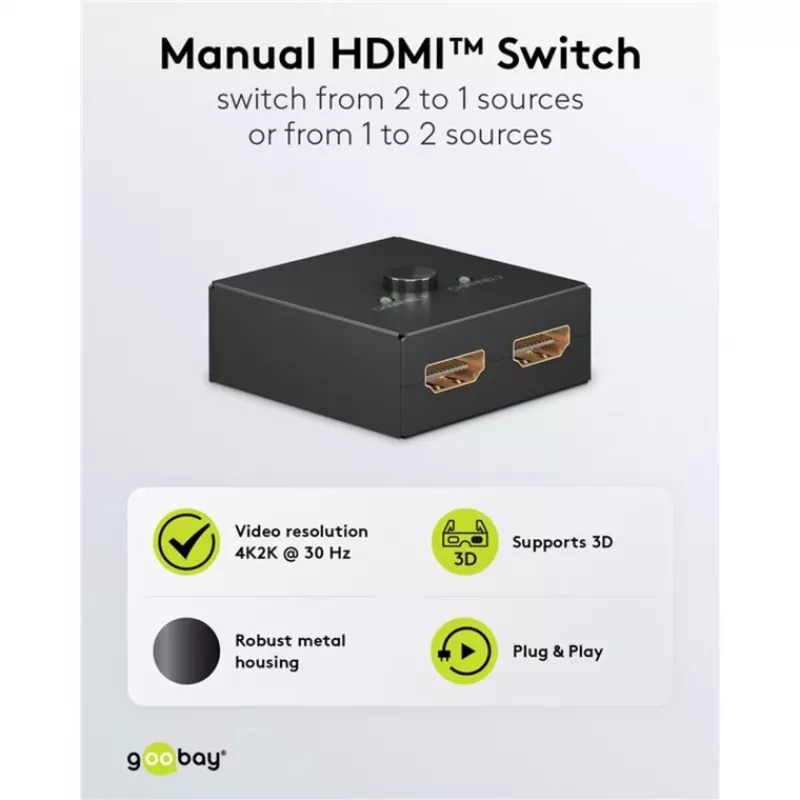 Goobay 58485 Manuálny prepínač HDMI 2 na 1, 4K 30 Hz, Čierny