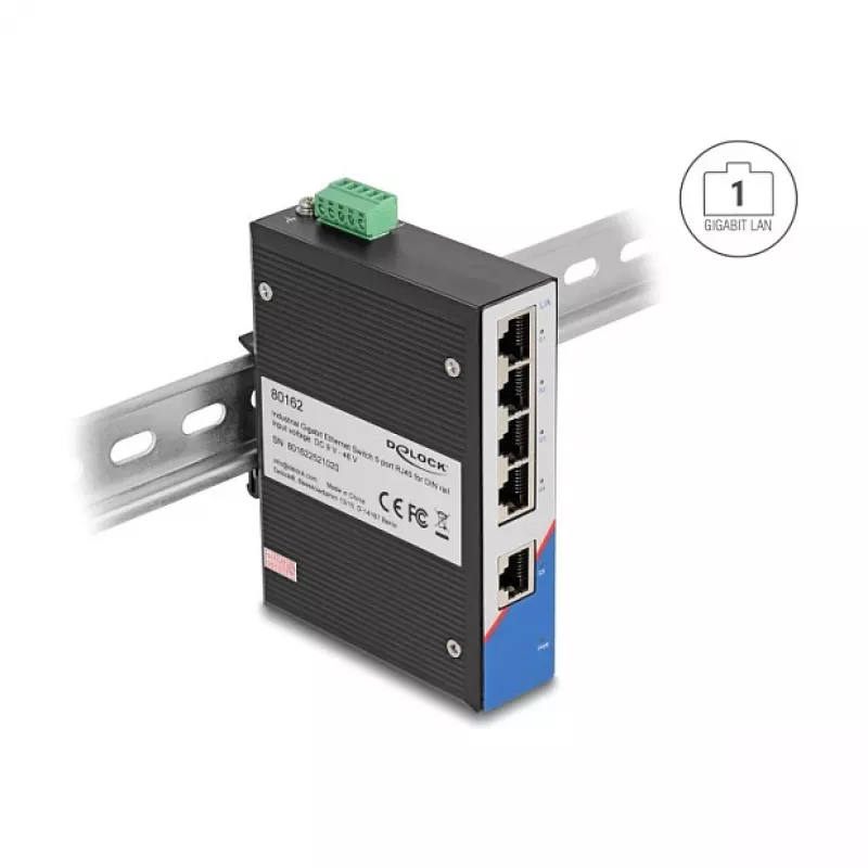 Ethernet switch DELOCK 80162 — 5-portový Gigabit RJ45 pre montáž na lištu DIN