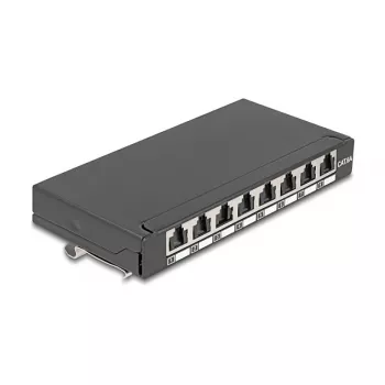 Patch panel DELOCK Mini Desktop RJ45 8 portov Cat.6A tienený čierny na stôl, stenu alebo lištu DIN