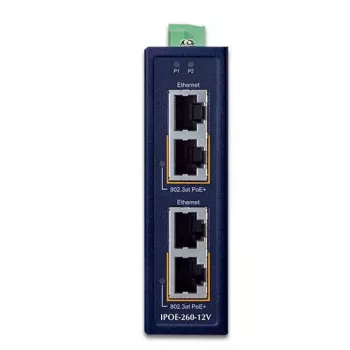 PLANET IPOE-260-12V priemyselný 2-portový injektor PoE+ Gigabit 802.3at