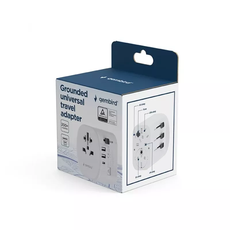 Cestovný adaptér GEMBIRD TPA-EU2A1C15-01-W – 15W, konektor Type-E, 2× USB-A + 1× USB-C, 100–250V