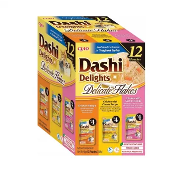 Mokré krmivo pre mačky INABA Dashi Delights jemné vločky kurací mix, 12 x 40 g, 86% vlhkosť, 12% bielkovín, bez obilnín a lepku