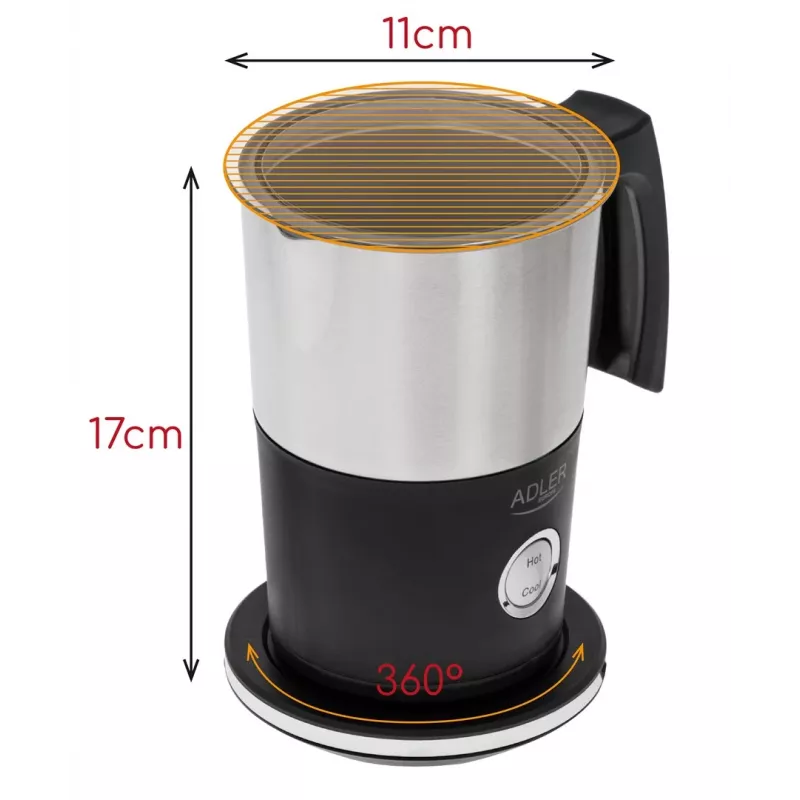 Automatický šľahač mlieka Adler AD 4497 – nerez, 600W, 120 ml peny / 300 ml ohrev, teplé & studené