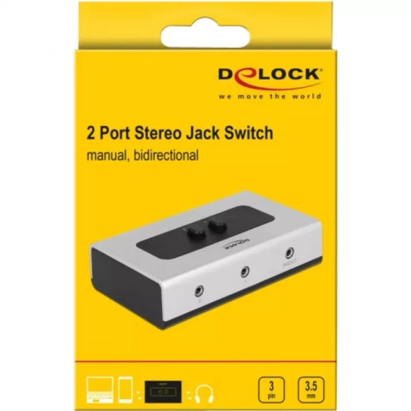 Audio jack prepínač 3,5 mm 2 porty manuálny obojsmerný, prepínač sivý/čierny