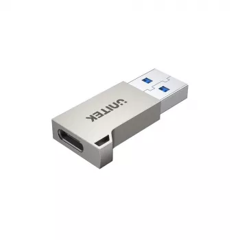 USB Type-A adaptér Unitek A1034NI, strieborný, USB 2.0/3.2 Gen1, až do 5 Gbit/s, zinkové puzdro, 36×16,7×5,7 mm