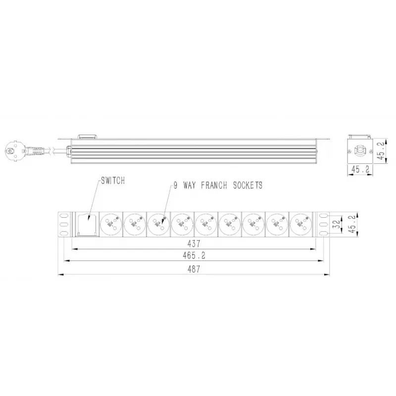 Jednotka rozvodu napájania GEMBIRD EG-PDU-9F2F — 9 francúzskych (Typ E) zásuviek, 1HE rack, 16A, 2 m kábel