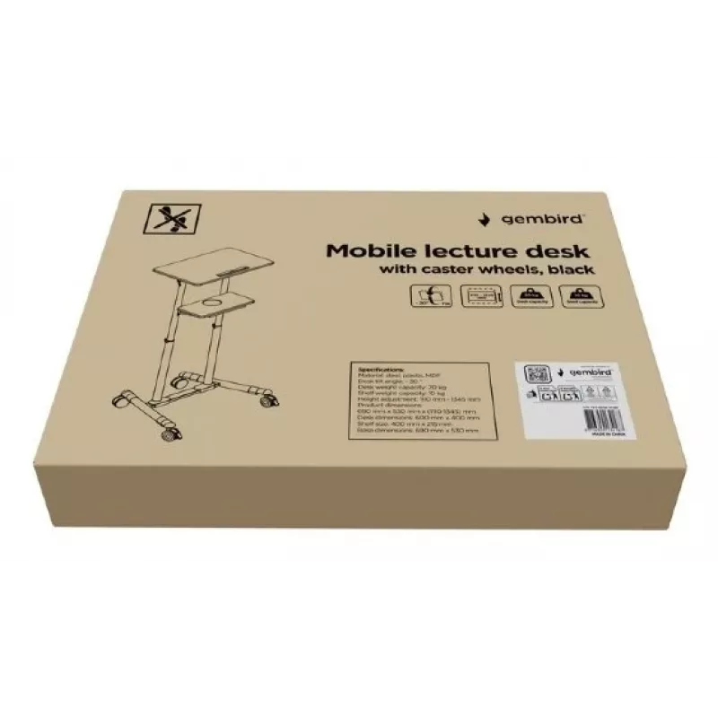 Gembird TVS-DESK-01-BK mobilný stojací stôl s kolieskami, nastaviteľná výška 111–134,5 cm, sklon 30°, max. 20 kg, čierny