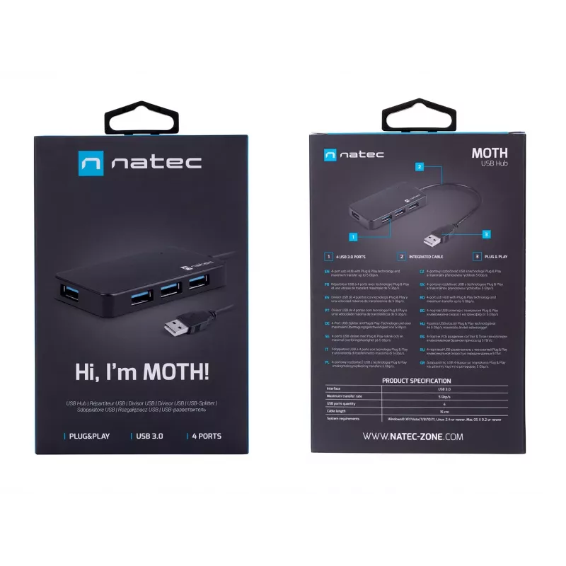USB hub NATEC Moth 4-port USB 3.2 Gen 1 Type-A (5000 Mbit/s), USB napájaný, čierny, 0,15 m kábel